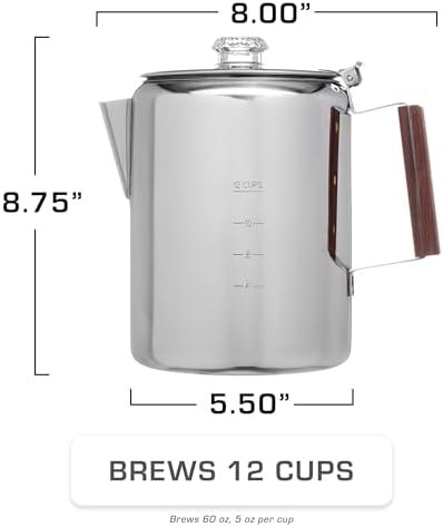 COLETTI Bozeman Percolator Coffee Pot — NO Aluminum or Plastic [12 cup]