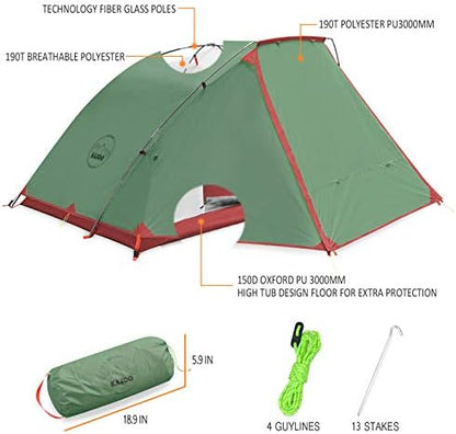 KAZOO 2／4 Person Camping Tent Outdoor Waterproof Family Large Tents 2/4 People Easy Setup Tent with Porch Double Layer