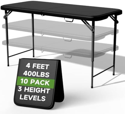4 FT Folding Table, 3-Position Adjustable Height, Heavy Duty 400 lbs Capacity, Portable Table for Camping, Party, Indoor & Outdoor (Black, 10 Pack)