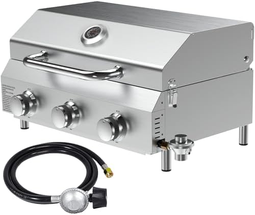 Llamaviva 3 Burner Gas Propane Grill with Dual Fuel Adapter,22500 BTU Stainless Steel Tabletop Portable Grill for Outdoor Barbecue Camping Cooking RV