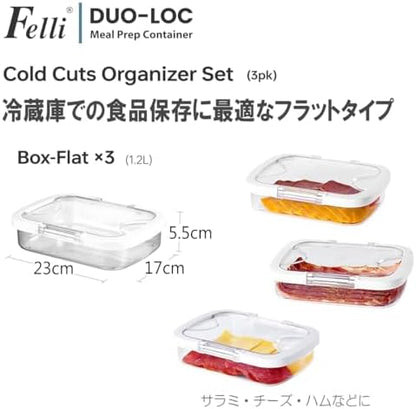 Felli Duo Loc Deli Meat Containers for Fridge with Airtight Lids, Stackable Refrigerator Organizer for Lunch Meat Storage Sandwich Ham Cheese Salami Sliced Turkey, Clear Tritan Box (Cold Cuts 3pk)