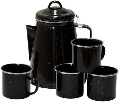 Stansport Enamel 8-Cup Percolator Coffee Pot and 4-Mug Set - Heavy-Duty Campfire Coffee Maker with 12oz Mugs - Percolator Stem Included - Double Baked Enamelware for Camping, Hiking, RV & Cabin