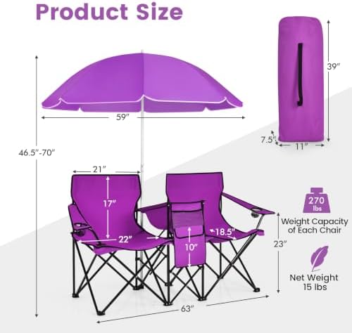 Goplus Double Camping Chairs with Umbrella, Cooler for Beach Patio