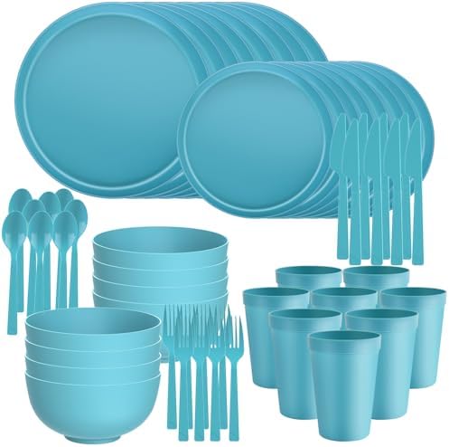 56 Piece Plates and Bowls Sets for 8, Kitchen Dinnerware Sets, Plastic