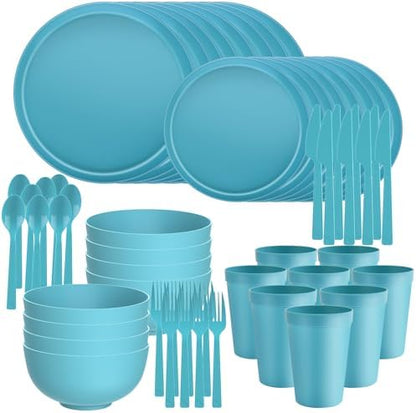 56 Piece Plates and Bowls Sets for 8, Kitchen Dinnerware Sets, Plastic