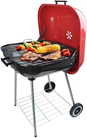 Alpine Cuisine 22x25 Inch Portable Charcoal BBQ Grill with Wheels, Heavy-Duty Outdoor Grilling for Patio, Tailgating & Camping - Red