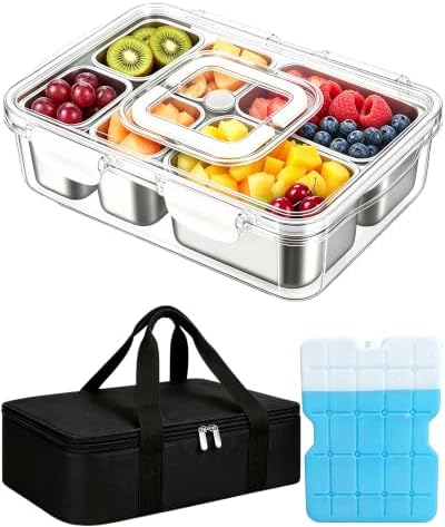 Snackle Box Container, Stainless Steel Divided Serving Tray with Lid and Handle,Large Snack Tray for Fruit Veggie, 6-Compartment Snack Platter for Travel Party Beach Picnic,with Ice Pack(Silver White)