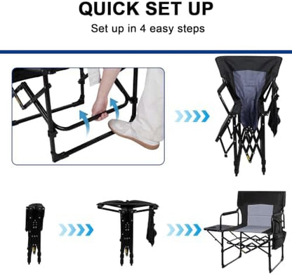 Romswi 2 Pack Folding Director Chair for Outdoor, Heavy Duty Camping Chair with Side Table, Cup Holder & Storage Pockets, Oversized Portable Chair Supports 400 lbs for Fishing, Picnic, Lawn, Black