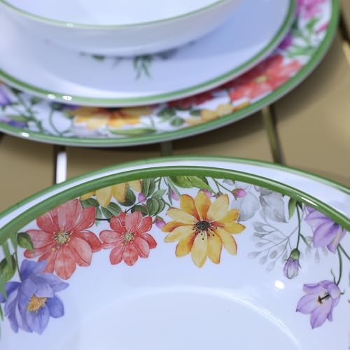 12-Piece Floral Melamine Dinnerware Sets, Green Camping Dishes Set