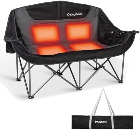 KingCamp Heated Double Camping Chair, Oversized 880lbs Heavy Duty Loveseat for Adults Portable Folding XL 2 Person Couch Padded Comfortable with 3 Heat Levels for Outdoor Sports Lawn, Black/Grey