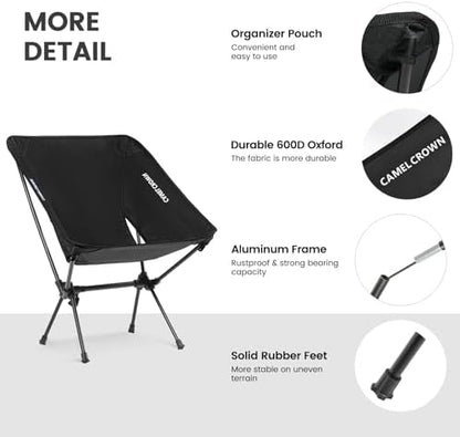 CAMEL CROWN Portable Camping Chair Folding Compact Lawn Lightweight Backpacking Chair with Carry Bag for Outdoor Hiking Beach Travel Picnic Festival Black 2pc