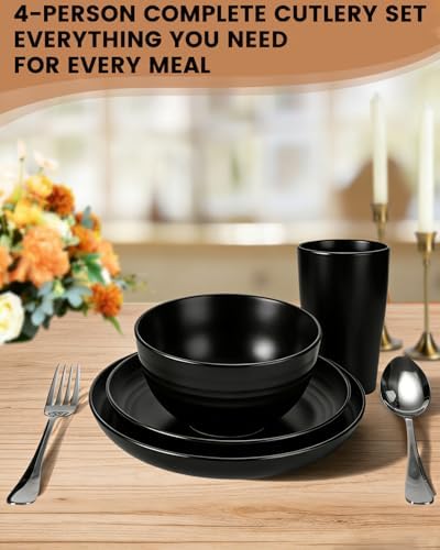 24 Piece Plates and Bowls Sets for 4- Unbreakable Wheat Straw Dinnerware Sets Includes Stainless Steel Forks for Picnic Camping Outdoor Kitchen and Apartment Dinning RV Essentials-Black