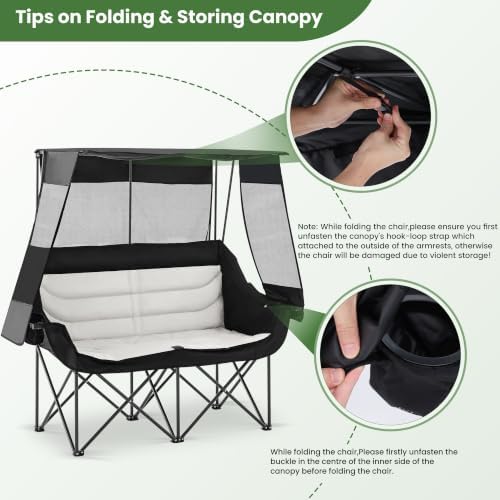 Asrug Padded Double Camping Chair with Canopy 2 Person Portable Camping Chair Loveseat with Cup Holders and Side Pockets Heavy Duty Camp Couch for Outdoor Fishing 650lbs Support (Black & Light Gray)