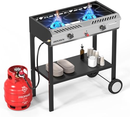ROVSUN 2 Burner Outdoor Propane Gas Stove with Auto-ignition, Regulator & Shelf, 150,000 BTU Powerful Stand Cooker for Backyard Patio Cooking Home Brewing Canning Turkey Frying