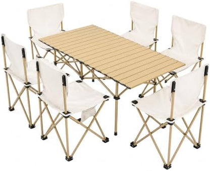 Camping Table with 6 Chairs, Portable Folding Picnic Table Set-Beige
