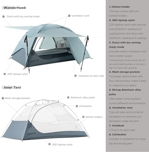 Wander Hawk 1-2 Person Backpacking Tent, Lightweight 1 Person / 2 Person Tent for Bikepacking Backpacking Camping & Hiking
