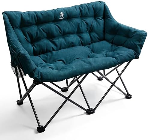 EVER ADVANCED Double Camping Chair for Adults, Padded Folding Camping Love Seat with Side Pocket Portable Camping Couch, Two Person Heavy Duty Folding Outdoor Chair with Cushion,Support 600lbs,Green