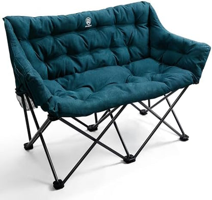 EVER ADVANCED Double Camping Chair for Adults, Padded Folding Camping Love Seat with Side Pocket Portable Camping Couch, Two Person Heavy Duty Folding Outdoor Chair with Cushion,Support 600lbs,Green