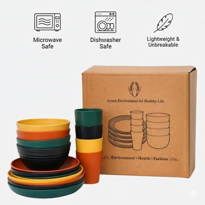 Wheat Straw Dinnerware Set for 4, 16PCS Unbreakable Plates Bowls Cups, Microwave & Dishwasher Safe Plastic Dishes, Lightweight Reusable Dinnerware for Kitchen, Camping, RV & Dorm(Macaron)