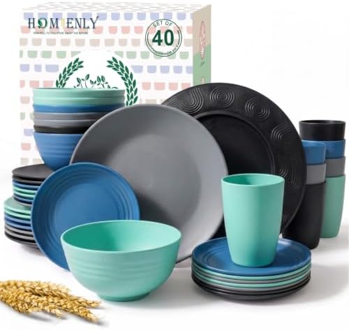 Homienly 40 Piece Premium Wheat Straw Dinnerware Sets for 8 Unbreakable Plates and Bowls Sets Microwave and Dishwasher Safe Dinner Plates Set Camping, Apartment, Kids, Outdoor, RV, Party-Nightscape