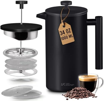 Utopia Kitchen 304 Grade Stainless Steel French Press 34 Oz, Black