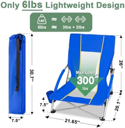 Romswi Low Beach Chairs for Adults 2 Pack, Lightweight Folding Sand Chairs with Breathable Mesh Back & Cup Holder, Portable Compact Camping Chairs, 300lbs Capacity,Blue