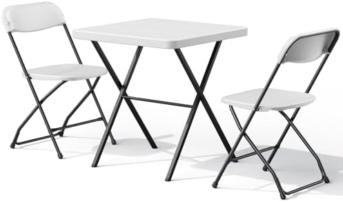Folding Table Set with 2 Pack Folding Chairs, No Assembly Portable Event Table and Chairs Set, Heavy Duty Foldable Card Table and Chairs for Outdoor, Camping, Patio, Picnic, Dining, Indoor(White)