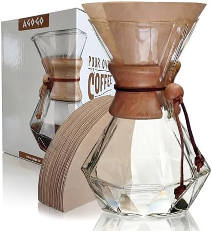 AGOGO Pour Over Coffee Maker Set, 28oz Diamond Style, 50 Paper Filters
