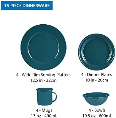 Cinsa 16 Piece. Enameled Dinnerware Camping/Outdoor Set for 4. Includes Plates, Bowls, Mugs, Coffee Boiler