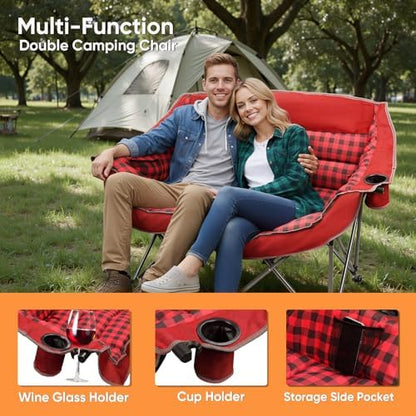 Colorsoul Double Folding Camping Chair,Fully Padded Loveseat Camping Couch,Oversized 2 Person Lawn Chair w/Cup Holder,Wine Glass Holder,Mesh Storage for Patio Picnic Beach,Support 600lbs,Red Plaid