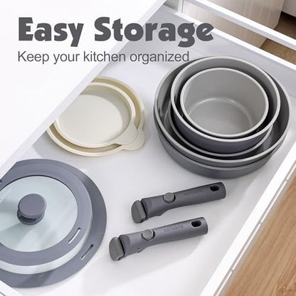 SENSARTE 24 Piece Ceramic Detachable Handle Pots and Pans Set Gray