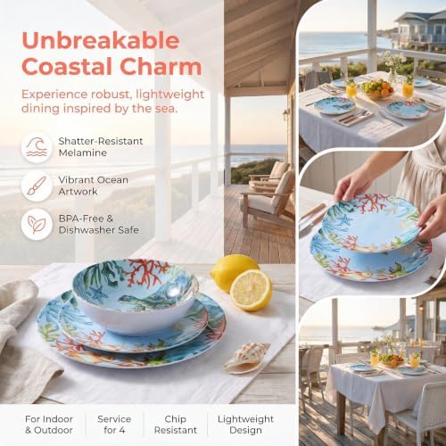 12-Piece Turtle Melamine Dinnerware Set, Ocean Plate and Bowl Sets