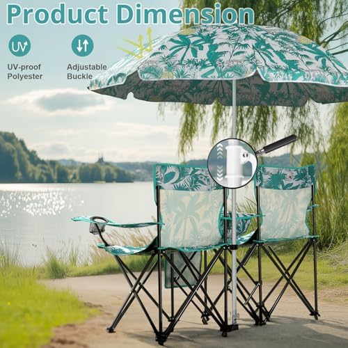 Outvita Folding Double Camping Chair w/Umbrella, Cooler for Beach Patio L
