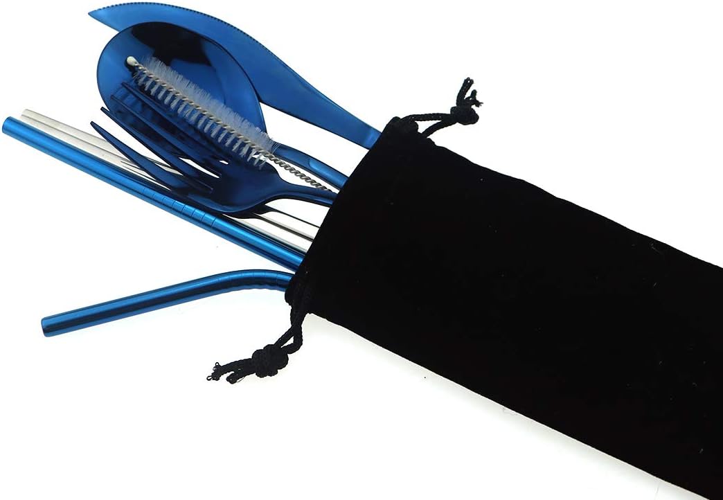 7 Pcs Portable Flatware Set, 304 Stainless Steel Cutlery Set Travel Utensils Set w/Pouch Fork Spoon Chopsticks Straws for Travel Camping Office School, Dishwasher Safe & Eco-Friendly (Blue)