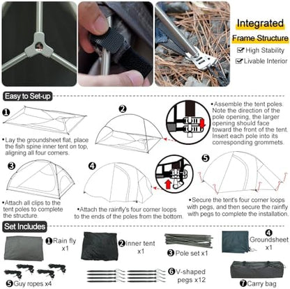 Soomloom 2-Person Lightweight Fishbone Tent Variable 2P with Inner and Groundsheet Spacious Comfortable Windproof Waterproof UV Protection Ventilation Easy Setup Camping Shelter