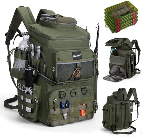 Goture Fishing Backpack with 4 Tackle Boxes,55L Tackle Backpack with Cooler