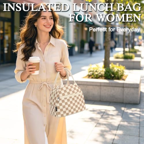 FlowFly Lunch Bag for Women Insulated Lunch Box Corduroy Lunch Tote Cooler for Travel Work Picnic,Corduroy Plaid Khaki