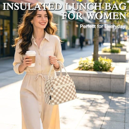 FlowFly Lunch Bag for Women Insulated Lunch Box Corduroy Lunch Tote Cooler for Travel Work Picnic,Corduroy Plaid Khaki