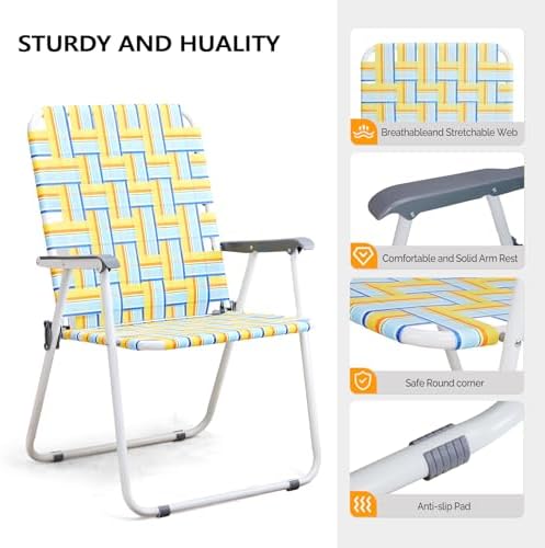 VINGLI Patio Lawn Webbed Folding Chairs Outdoor Beach Portable Camping Chair for Yard, Garden (2, Yellow, Oversized)