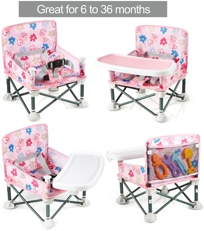 PandaEar Portable Baby Seat Travel| Compact Fold with Straps for Indoor/Outdoor Use| Great for Camping, Beach, Lawn |Toddlers, Kids, Boys, Girls (with Placemat, Pink)