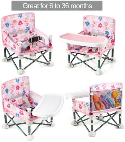 PandaEar Portable Baby Seat Travel| Compact Fold with Straps for Indoor/Outdoor Use| Great for Camping, Beach, Lawn |Toddlers, Kids, Boys, Girls (with Placemat, Pink)