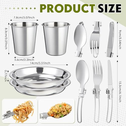 18-Pcs Camping Cookware Mess Kit for 2, Non-Stick Lightweight Pot Pan Set with Stainless Steel Cups & Plates, Folding Utensils with 3 Storage Bags for Emergency Prep, Hiking, Picnic