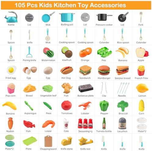 105Pcs Kids Kitchen Toy Accessories, Toddler Pretend BBQ Camping Cooking Playset, Play Pots, Pans, Utensils Cookware Toys, Play Food Set, Vegetables, Learning Gift for Girls Boys (Turquoise)