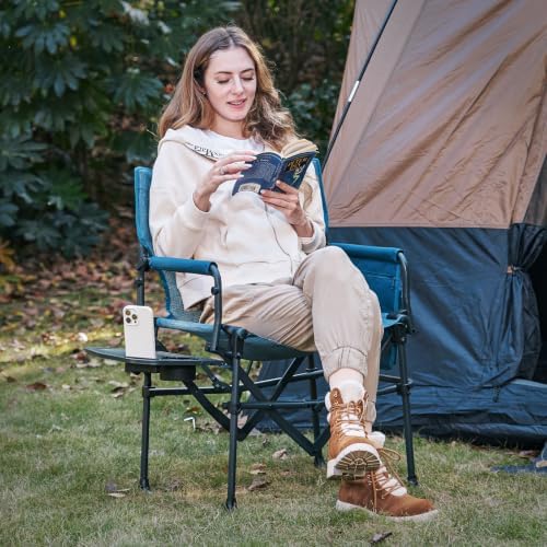 EVER ADVANCED Camping Directors' Chair with Side Table, Portable Folding with Compact Size, Breathable & Quick Dry Design Heavy Duty Lawn Chair with Pocket, 400lbs, Elastic Mesh, Blue