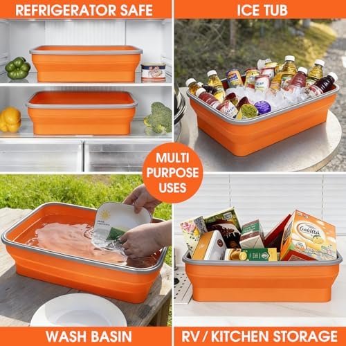 Silicone Collapsible Marinating Container with Lid for Meat, 2.64Gal/10L, Extra Large Collapsible BBQ Prep Tub, Transparent Locking Lid, XL Grill Prep Trays and Carry System, BBQ Must-Have, Orange