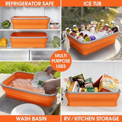 Silicone Collapsible Marinating Container with Lid for Meat, 2.64Gal/10L, Extra Large Collapsible BBQ Prep Tub, Transparent Locking Lid, XL Grill Prep Trays and Carry System, BBQ Must-Have, Orange