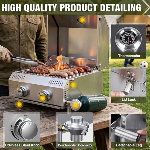 Bestfire 2-Burner Tabletop Propane Gas Grill, Dual Connections, 20,000 BTU Stainless Steel Portable Grill, Fits Large Gas Cylinders/Small Canisters, for Camping, RV, Outdoor BBQ