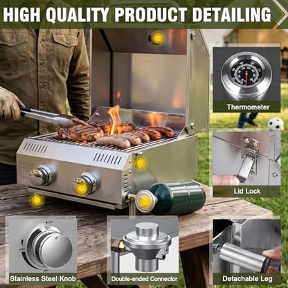 Bestfire 2-Burner Tabletop Propane Gas Grill, Dual Connections, 20,000 BTU Stainless Steel Portable Grill, Fits Large Gas Cylinders/Small Canisters, for Camping, RV, Outdoor BBQ