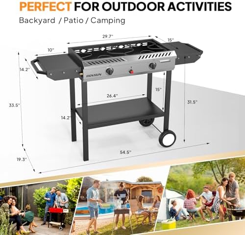 ROVSUN 2 Burner Outdoor Propane Gas Stove with Auto-ignition, Regulator & Shelf, 150,000 BTU Powerful Stand Cooker for Backyard Patio Cooking Home Brewing Canning Turkey Frying