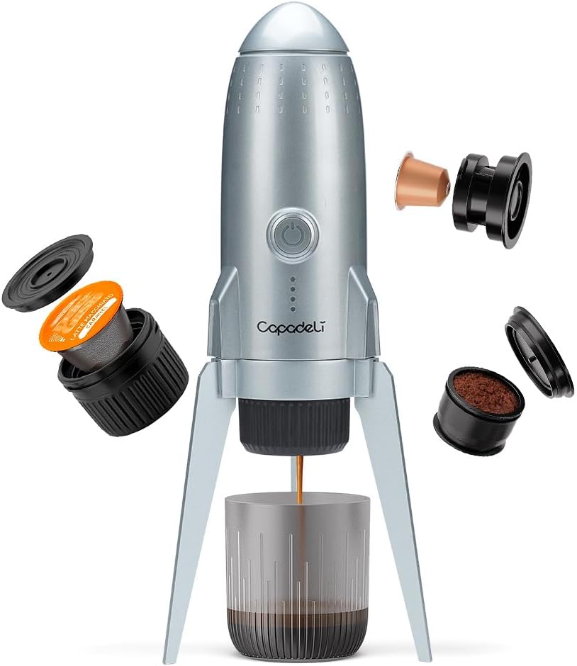 3 in 1 Portable Espresso Machine On the Go, Self-Heating Electric Espresso Maker, 19 Bar Mini Coffee Maker For Travel Camping and Hiking With Ground Coffee & NES PRESSO/DolceGusto Pod, Space Grey